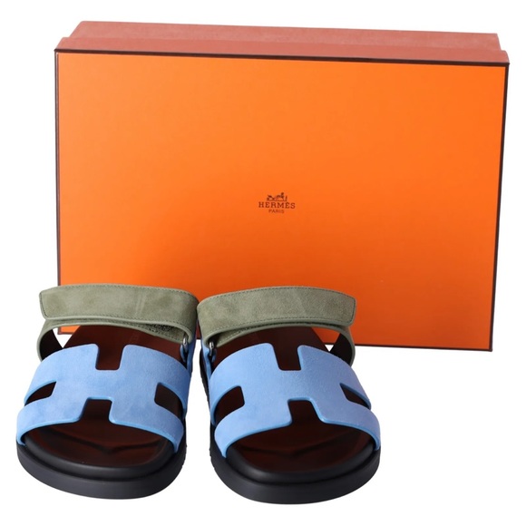 BNIB Hermes Womens Chypre Suede Bleu Cameo Vert Celadon Sandals Size 38 Full Set - Picture 2 of 7